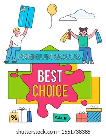 Premium goods vector, banner with geometric shapes. Promotion and propositions for shopper. Man holding credit cards in hands. Woman with bags with purchases, presents and giftbox flat style