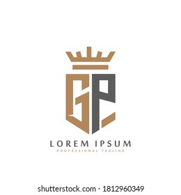 Premium GP Monogram of Two letters G&P. Elegant gold shield initials and crown geometric old retro graphic logo design. alphabet vector elements stock illustration.