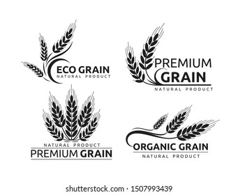 Premium Grain Flat Vector Logotype In Black Silhouette Designs Set. Organic Cereal Crops, Natural Product Advertising. Ripe Wheat Ears Cartoon Illustrations With Typography. Eco Farm, Bakery Shop Logo