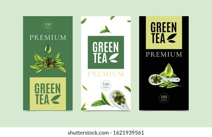 Premium green tea packaging design templates set with fresh leaves spoon of dry tea and drops of liquid vector illustration
