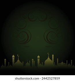 Premium Green Vector Vorlage für die Feier von Eid al-Fitr, Eid al-Adha, Ramadan, Islamisches Neujahr und andere mit Premium-und eleganten Designs. Blumeneffekt. Moschee am Boden. Bearbeitbar. EPS 10