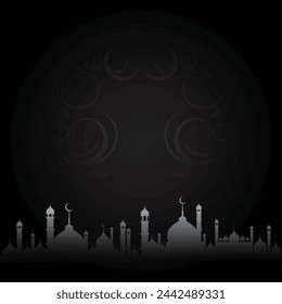 Premium grey Vector template for the celebration of Eid al-Fitr, Eid al-Adha, Ramadan, Islamic New Year, and others with premium and elegant designs. Floral effect. Mosque at bottom. Editable. EPS 10