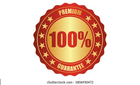 Sello de garantía premium, insignia, etiqueta, concepto original certificado con ilustración de icono de sello 100%, logotipo aislado en fondo blanco y texto dorado
