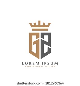 Premium GZ Monogram of Two letters G&Z. Elegant gold shield initials and crown geometric old retro graphic logo design. alphabet vector elements stock illustration.