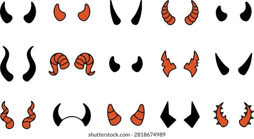 Premium Halloween devil horn icon collection featuring demon, monster, and fantasy horn designs in a clean flat vector style. Includes classic, curved, spooky, and cute horn variations in black, orange, and red. Isolated on a white background, perfect for Halloween clipart, stickers, invitations, greeting cards, posters, social media, costume designs, and seasonal print or digital projects.