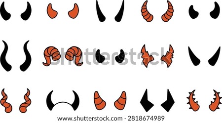 Premium Halloween devil horn icon collection featuring demon, monster, and fantasy horn designs in a clean flat vector style. Includes classic, curved, spooky, and cute horn variations in black, orange, and red. Isolated on a white background, perfect for Halloween clipart, stickers, invitations, greeting cards, posters, social media, costume designs, and seasonal print or digital projects.