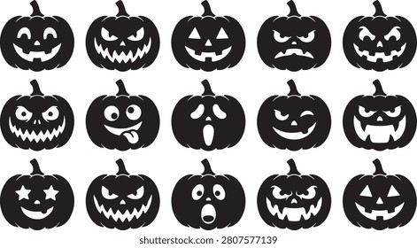 A premium Halloween pumpkin collection bundle featuring 15 unique Jack O Lantern face silhouettes with cheerful, spooky, creepy, angry, surprised, funny, and scary expressions. Designed with bold black solid shapes on a clean white background, this high-quality vector illustration set is perfect for Halloween party decorations, greeting cards, invitations, stickers, t-shirt printing, Cricut and Silhouette cutting machines, sublimation projects, printable crafts, clipart collections, digital products, and seasonal commercial design applications.

#Halloween #Pumpkin #JackOLantern #HalloweenPumpkin #Spooky #Scary #Vector #Clipart #Silhouette #HalloweenBundle #Cricut #Sublimation #Sticker #Printable #HalloweenDecor #Autumn #Holiday #PumpkinFaces #HalloweenVector