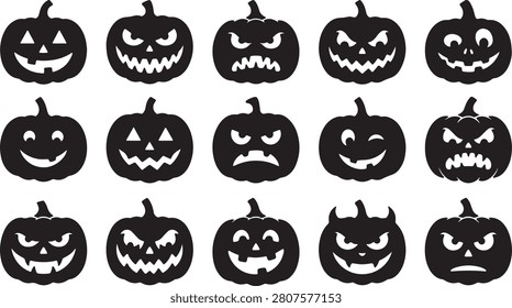 A premium Halloween pumpkin collection bundle featuring 15 unique Jack O Lantern face silhouettes with happy, scary, angry, creepy, smiling, and spooky expressions. Designed with bold black solid shapes on a clean white background, this high-quality vector clipart set is perfect for Halloween decorations, party invitations, greeting cards, stickers, t-shirt printing, Cricut and Silhouette cutting files, sublimation projects, printable crafts, designs, digital products, and seasonal commercial artwork.

#Halloween #Pumpkin #JackOLantern #HalloweenPumpkin #Spooky #Scary #Vector #Clipart #Silhouette #HalloweenBundle #Cricut #Sublimation #Sticker #Printable #HalloweenDecor #Autumn #Holiday #JackOLanternFaces #HalloweenDesign