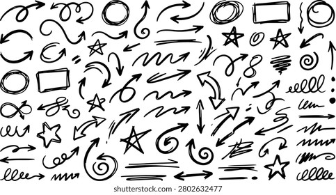 A premium hand drawn sketch annotation elements bundle featuring marker arrows, highlight circles, speech bubbles, callout labels, brush scribbles, underline strokes, check marks, cross symbols, decorative stars, punctuation icons, and abstract annotation shapes. Designed in a clean monochrome vector style, this versatile collection is ideal for infographics, presentations, educational materials, planners, journals, UI UX projects, social media graphics, branding, web design, and creative illustrations. Fully editable and isolated on a white background, this high-quality vector bundle is perfect for Adobe Stock, print, and digital design applications.