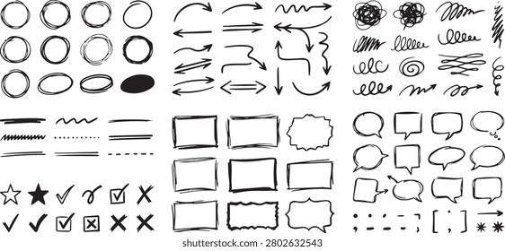 A premium hand drawn sketch annotation elements bundle featuring marker arrows, highlight circles, speech bubbles, callout labels, brush scribbles, underline strokes, check marks, cross symbols, decorative stars, punctuation icons, and abstract annotation shapes. Designed in a clean monochrome vector style, this versatile collection is ideal for infographics, presentations, educational materials, planners, journals, UI UX projects, social media graphics, branding, web design, and creative illustrations. Fully editable and isolated on a white background, this high-quality vector bundle is perfect for Adobe Stock, print, and digital design applications.