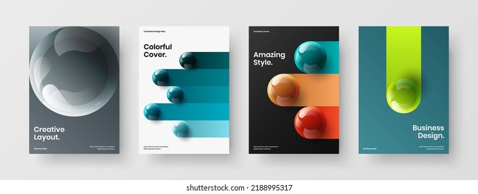 Premium handbill A4 vector design illustration bundle. Bright realistic spheres corporate cover layout collection.