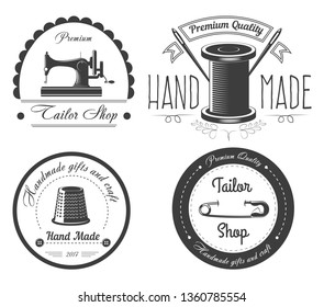 Premium handmade clothes in tailor shop logotypes set vector isolated set with text and ribbons designer work needles and sewing machine with pin for clothing and stylish custom handmade things.