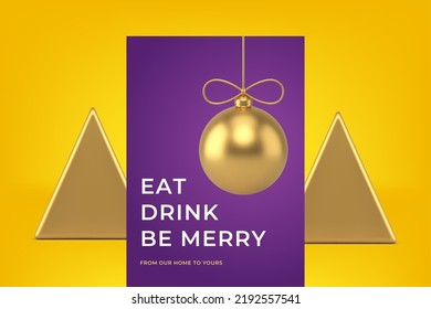 Premium hanged golden ball toy Happy winter holiday congrats greeting card realistic 3d icon vector illustration. Luxury Xmas bauble Merry Christmas purple poster festive congratulations decor design