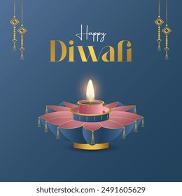 Tarjeta de felicitación de Diwali feliz premium con diya en estilo indio.