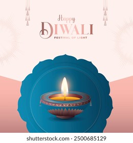 Tarjeta de felicitación premium feliz diwali con diya en estilo indio.