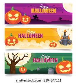 Premium happy halloween banner set with pumpkin, castle, moon and bat. Halloween poster template collection.