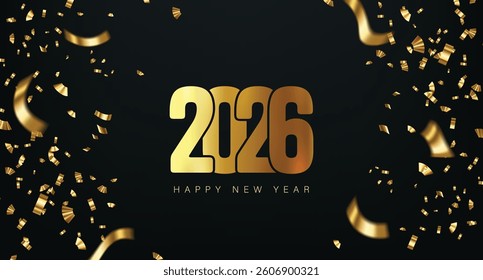 Premium Happy New Year 2026 illustration with a dark background, bold golden text, and scattered confetti.