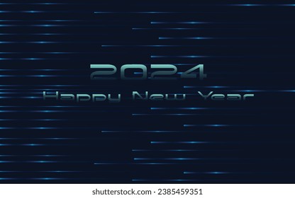 Premium Happy New Year lettering 2024 dark with blue gradient stripes background, vector illustration