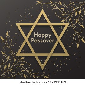 Premium happy Passover jewish lettering. Abstract vector background with the Star of David. Spring gold floral illustration