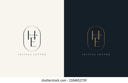 premium HE logo monogram with gold circle frame. luxury initials design minimal modern typeface.