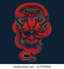 Premium head japanese demon mask vector stock illustration with red snake for tshirt print vintage style in black background