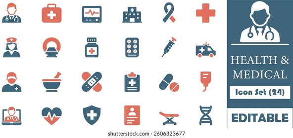 Premium Health and  Medical icon set featuring 24 minimalist designs. Each icon is high-resolution and available in vector format, perfect for websites, apps, and print media.