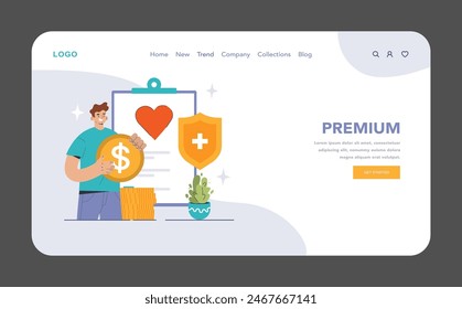 Concepto de Premium Healthcare. Un individuo sonriente sostiene una moneda gigante, que simboliza la inversión en atención médica, junto con un corazón de amor y un escudo de protección. Ilustración vectorial plana