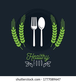 premium and healthy food poster with leafs wreath and cutleries vector illustration design