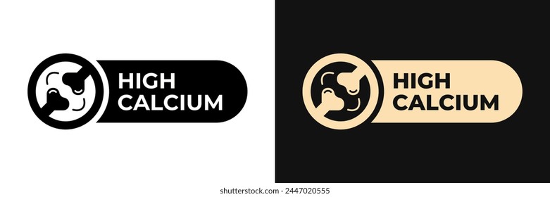 Premium High calcium label vector design for packaging. High calcium icon gold illustration, logo, symbol, sign, stamp, tag, emblem, mark or seal for package. Rich source of minerals product sticker.