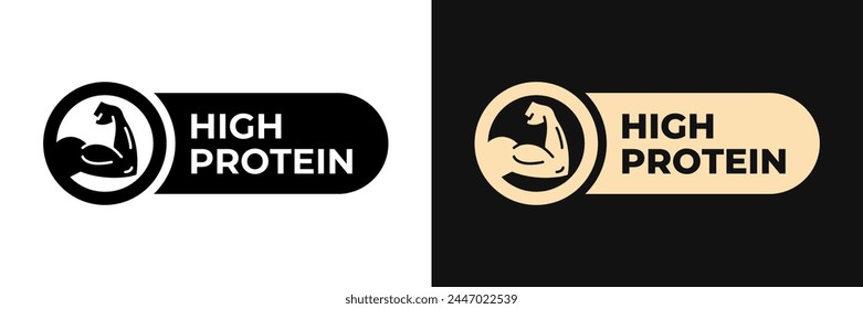 Premium High Protein label vector design for packaging. High Protein product icon gold illustration, logo, symbol, sign, stamp, tag, emblem, mark or seal for package. Rich source of fiber sticker.