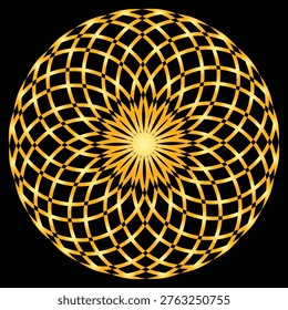 A premium, high-end vector illustration featuring a gilded geometric mandala with interlocking circular patterns. The intricate gold linework creates a sophisticated, symmetrical design that radiates luxury and elegance against a deep black background, perfect for spiritual, royal, or modern decorative themes.