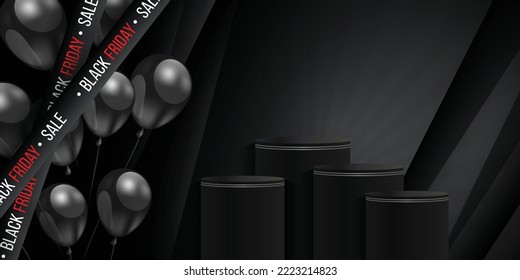 Diseño de banner de viernes negro de alta calidad con globos brillantes negros para la exhibición de productos. Ilustración vectorial.