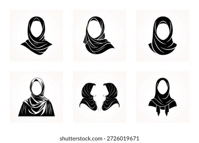 Premium Hijab Silhouette Icon Set - Elegant Black and White Muslim Woman Headscarf Vector Illustrations