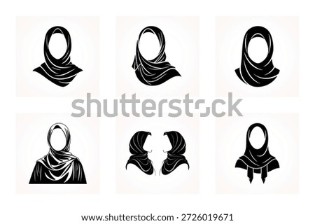 Premium Hijab Silhouette Icon Set - Elegant Black and White Muslim Woman Headscarf Vector Illustrations