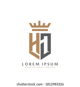 Premium HJ Monogram of Two letters H&J. Elegant gold shield initials and crown geometric old retro graphic logo design. alphabet vector elements stock illustration.