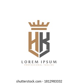 Premium HK Monogram of Two letters H&K. Elegant gold shield initials and crown geometric old retro graphic logo design. alphabet vector elements stock illustration.