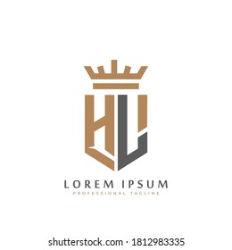Premium HL Monogram of Two letters H&L. Elegant gold shield initials and crown geometric old retro graphic logo design. alphabet vector elements stock illustration.