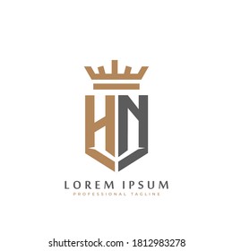 Premium HN Monogram of Two letters H&N. Elegant gold shield initials and crown geometric old retro graphic logo design. alphabet vector elements stock illustration