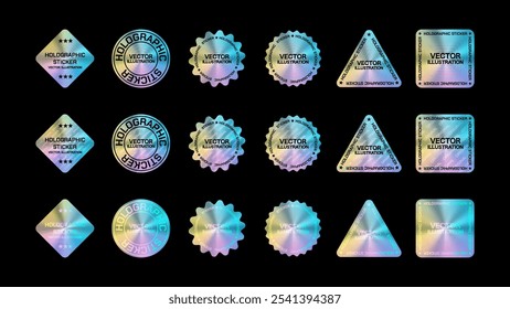 Premium Holographic Sticker and Label Set in Various Shapes: Square, Diamond, Triangle, Flower, and Circle. Vector Illustrations for Design Mockups