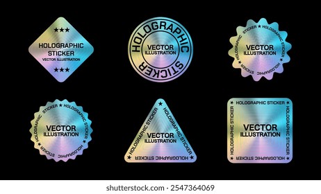 Premium Holographic Sticker and Label Set in Various Shapes: Square, Diamond, Triangle, Flower, and Circle. Vector Illustrations for Design Mockups