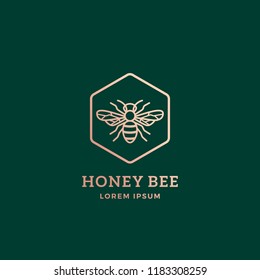 Premium Honey Bee Abstract Vector Sign, Symbol or Logo Template. Golden Bee Sillhouette with Retro Typography. Creative Insect Emblem. Isolated.