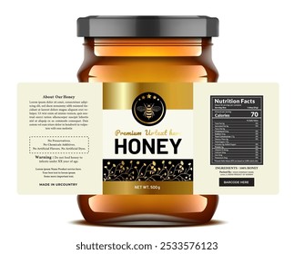 Premium honey jar label with nutritional facts, gold minimal luxury flower, and organic for modern product packaging.