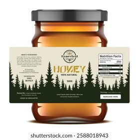 Premium honey jar packaging label with a forest theme, vintage-style typography, and botanical elements. organic Eco-friendly and sustainable products.