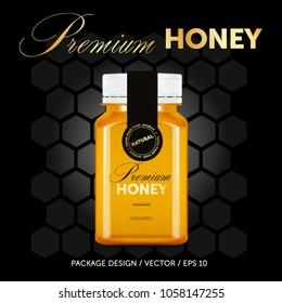 Premium Honey Package Design Template.
Glas Jar. Black And Gold Label. Quality Product.