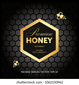 Premium Honey Packaging Concept. Advertising Layout. Bee, Honey Cells.