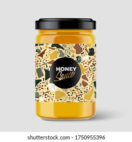 Premium Honey Sauce glass container with Terrazzo pattern on label isolated on light grey background : Vector Illustration