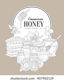 Premium Honey Vintage Vintage Vector Hand Drawn Design Card