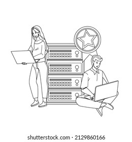 Premium Hosting Using Man And Woman Users Black Line Pencil Drawing Vector. Boy And Girl Use Laptop And Connected To Server Premium Hosting. Characters Connectivity Cyberspace Technology Illustration