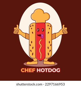 Premium hotdog logo. Hotdog and chef hat illustration,good to use for restaurant logo chef logo