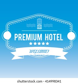 Premium hotel outline badge vector illustration. Hotel icon with building and five stars. Line, retro, vintage style badge of best premium five stars hotel for your business, web sites and logo